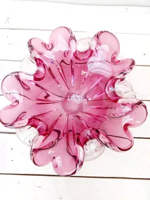 Vintage art Murano sierschaal - rood / paars / helder glas - dubbele laag glas