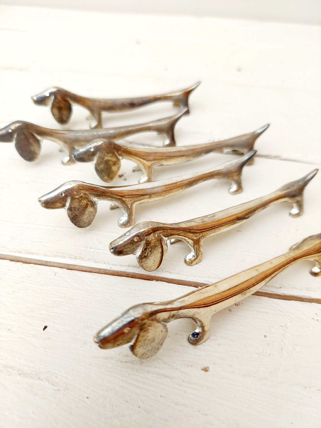 Vintage verzilverde messenleggers hond - Teckel, dashond - set van 6