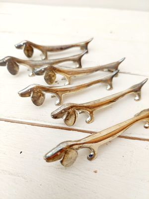 Vintage verzilverde messenleggers hond - Teckel, dashond - set van 6