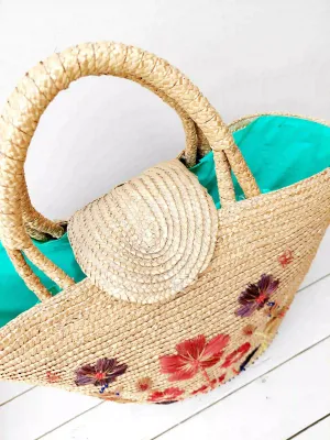 Vintage rieten shopper met geborduurde rode bloemen – grote boho strandtas