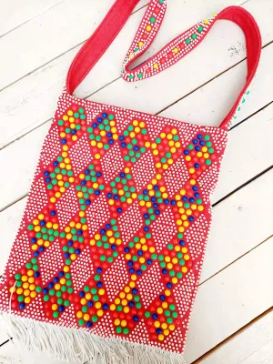 Vintage kralentas rood met kleurrijk patroon en franjes - jaren 70 - vrolijke schoudertas