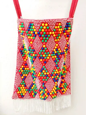 Vintage kralentas rood met kleurrijk patroon en franjes - jaren 70 - vrolijke schoudertas