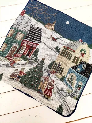Gobelin kerstkussensloop met kersttafereel in een dorp - decoratieve hoes voor sierkussen 40 x 40 cm