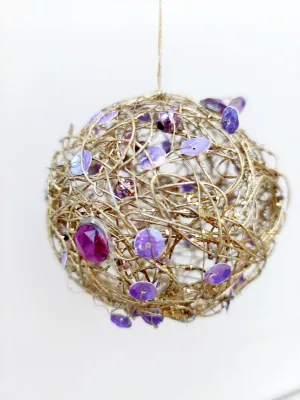Gouddraad kerstballen met paarse pailletten, set van 10 stuks - Vintage boho kerst