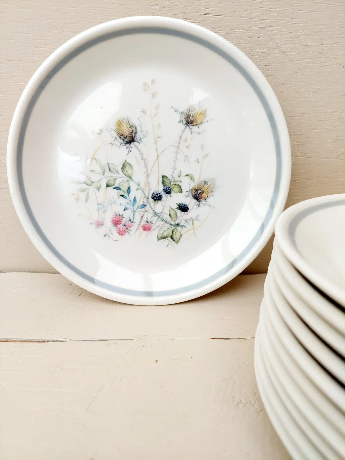 Dessertbord van Royal Albert, decor Wild Briar. Fijn Engels porselein met romantische bloemendecoratie.