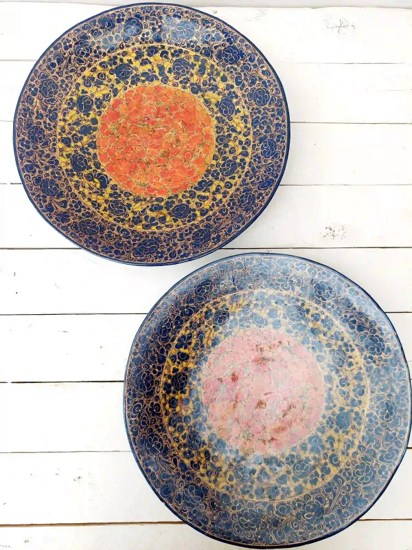 Vintage wandborden papier maché met transferdecor, set van 2, 30 cm