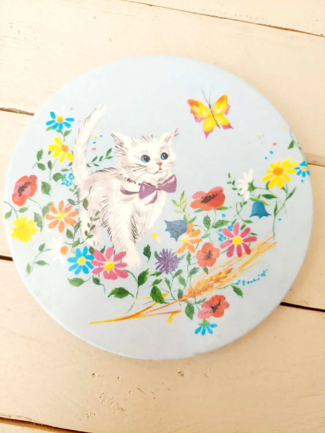 Vintage Ornamin melamine onderzetter poes bloemen - retro - jaren '60, '70