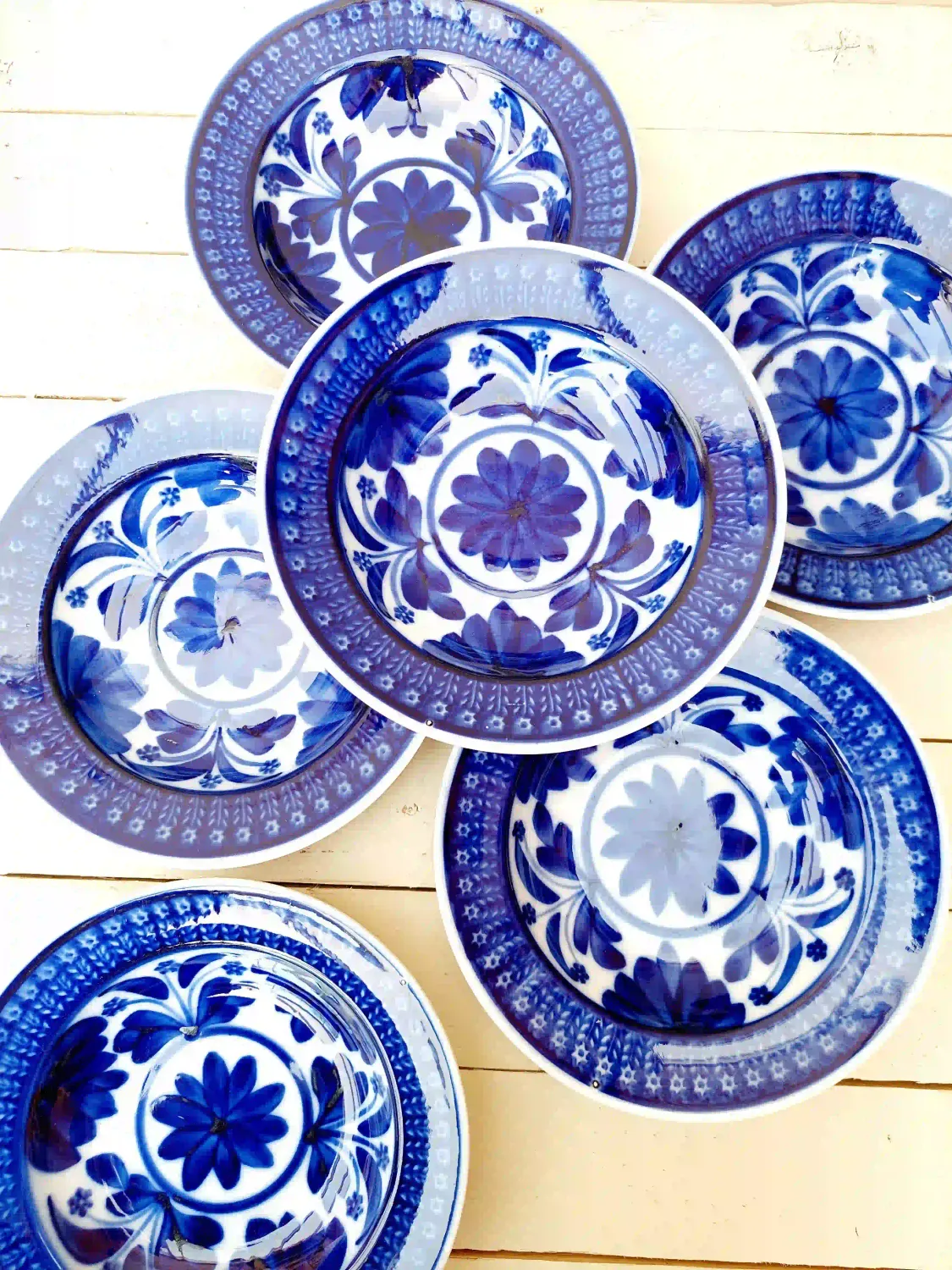 Antieke vloeiblauw borden Société Céramique Maastricht - diepe borden - set van 6
