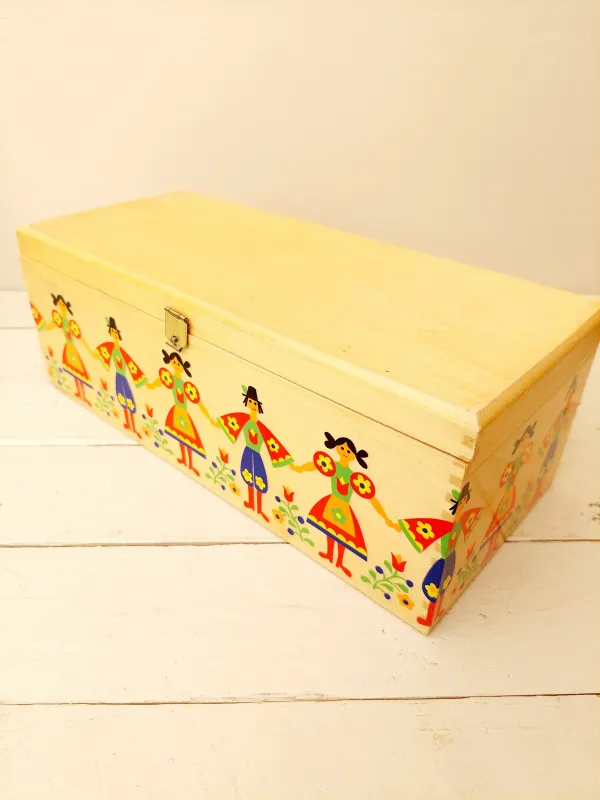 Vintage houten opbergdoos folk art - Scandinavische stijl - retro doos met kleurrijke figuren