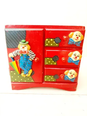 Vintage clown ladekastje - houten minikast met laden - retro speelgoed / decoratie