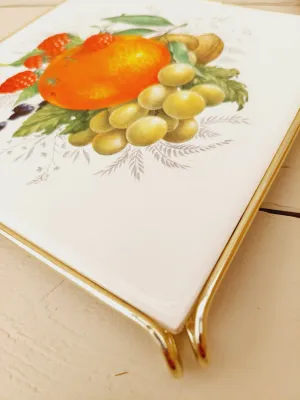Elegante vintage onderzetter: tegel in metalen houder - fruitdeco - appelsien, frambozen, druiven