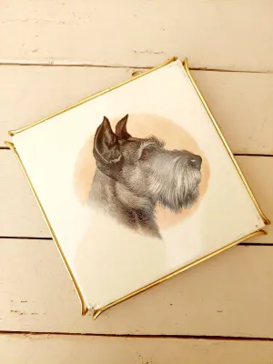 Elegante vintage onderzetter: tegel in metalen houder - hond, schnauzer