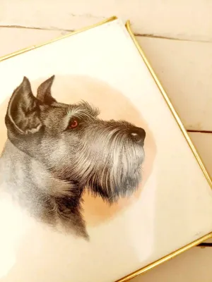 Elegante vintage onderzetter: tegel in metalen houder - hond, schnauzer