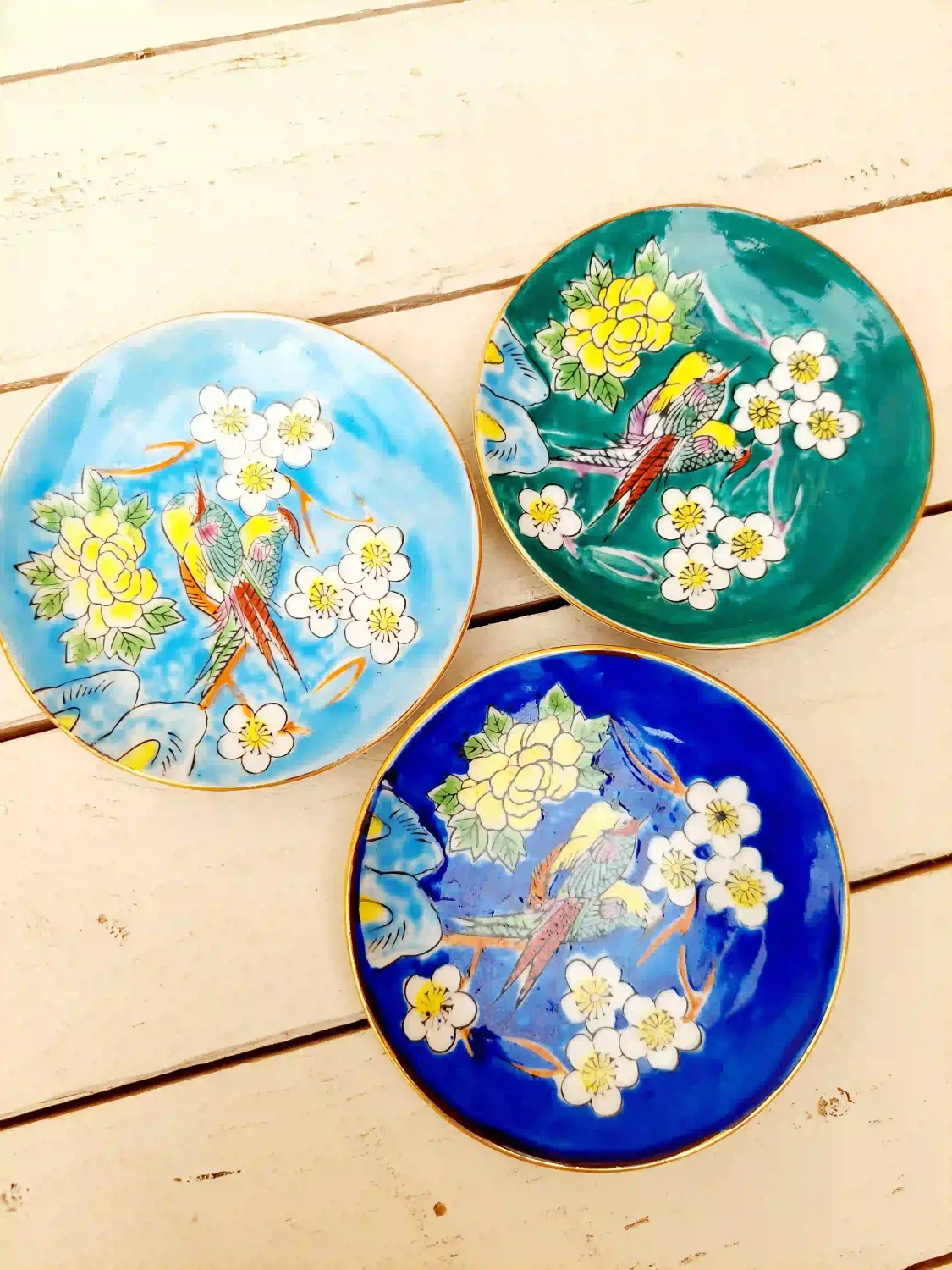 Set van 3 Japanse vintage minibordjes met vogels en bloemen