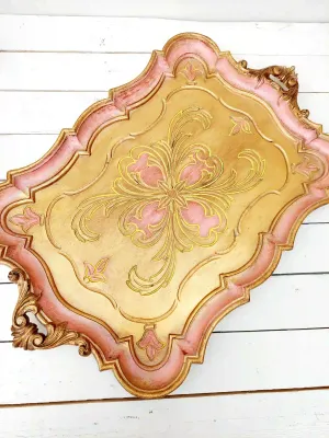 Groot vintage dienblad roze met goud 58 x 36 cm