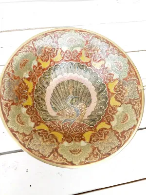 Vintage messing schaal op voet - Pauw decor cloisonné - Indiaas messingwerk