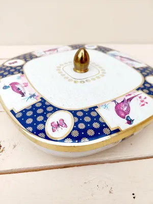 Vintage Côte d'Or koekjesdoos - blik met vogels en vlinders en gouden knop