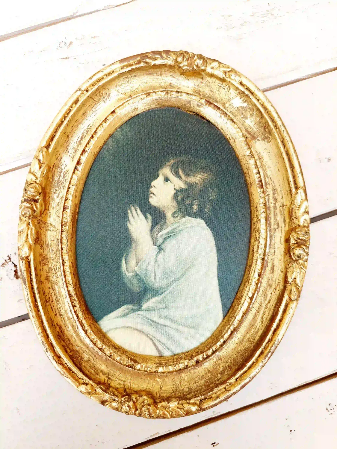 Vintage ovaal fotolijstje hout - goud - met zijden afbeelding - The Infant Samuel van Joshua Reynolds