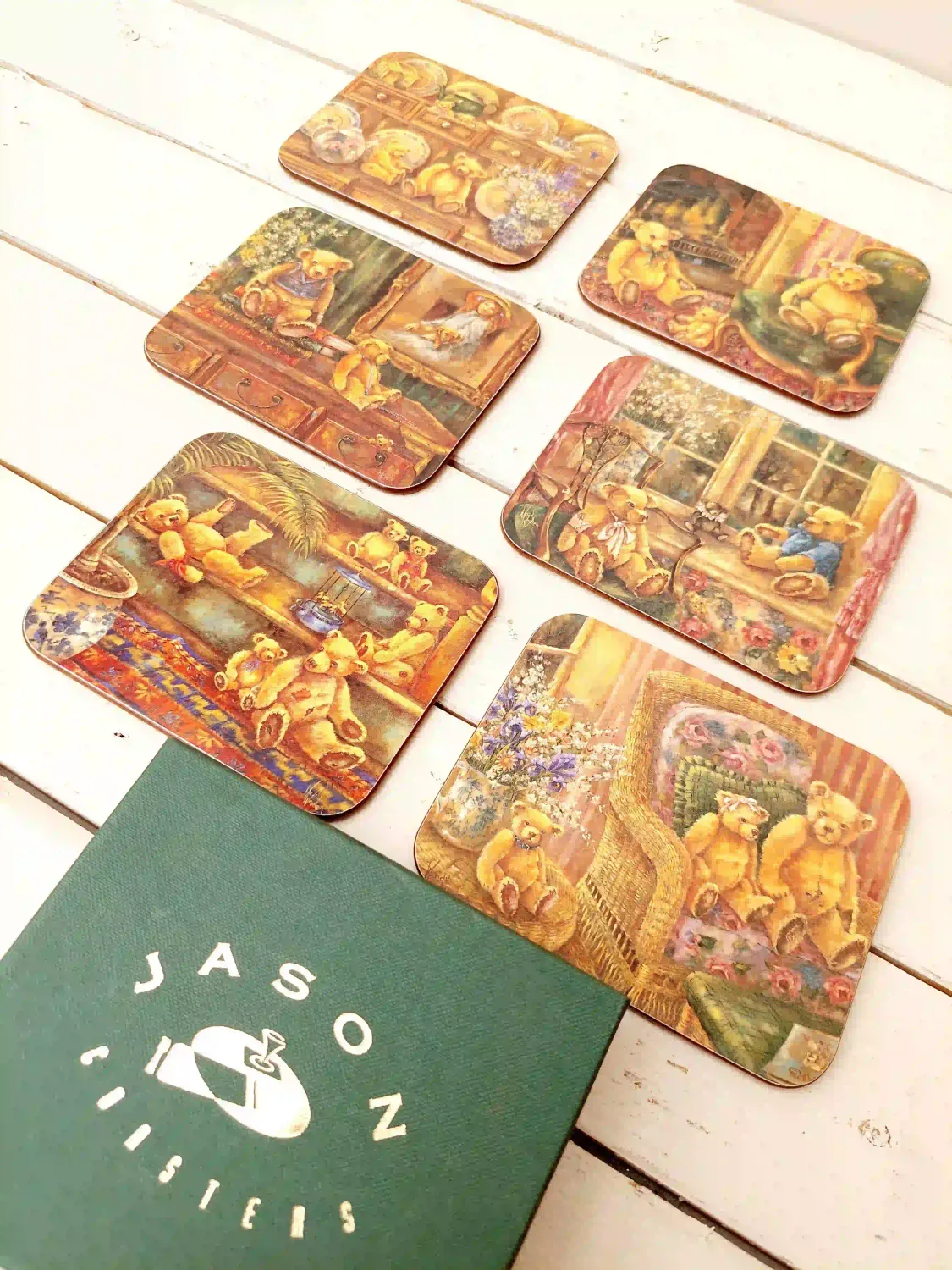 Set van 6 vintage onderzetters met beertjes - retro coasters in doosje
