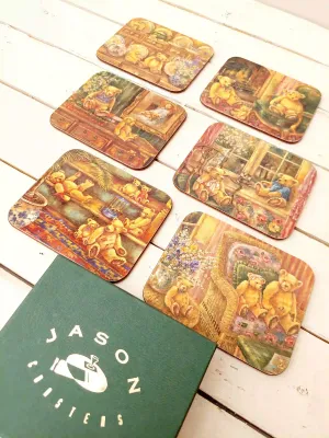Set van 6 vintage onderzetters met beertjes - retro coasters in doosje