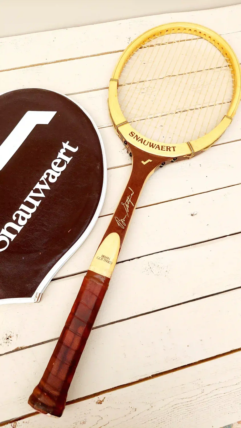 Vintage houten tennisracket Snauwaert Brian Gottfried met hoes - origineel signature model