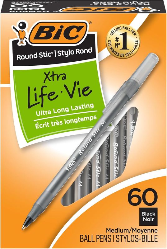 BIC Round Stic Xtra Life Black Ballpoint Pens, Medium Point Pens (1.0mm), 1 count, Flexible Round Barrel for Writing Comfort, No. 1 Selling Ballpoint Pens BIC Round Stic Xtra Life Black Ballpoint Pens, Medium Point Pens (1.0mm), 1 count, Flexible Round Barrel for Writing Comfort, No. 1 Selling Ballpoint Pens