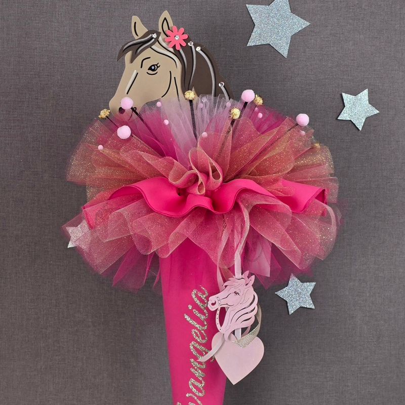 Schultüte Mädchen in pink mit Pferd in braun, Zusatzrüsche inkl.