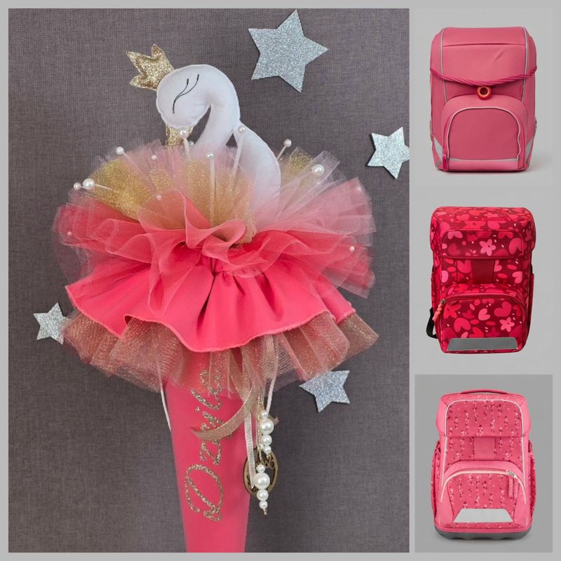 Schultüte Mädchen in korallrot Farbe mit Schwan in gold, inkl. Zusatzrüsche