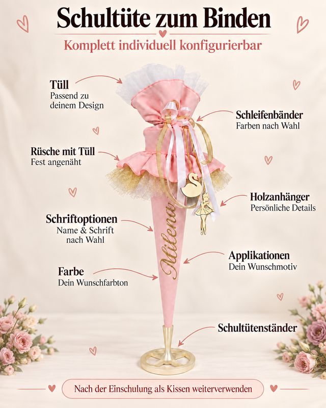 Individuelle Schultüte Mädchen zum Binden - komplett konfigurierbar