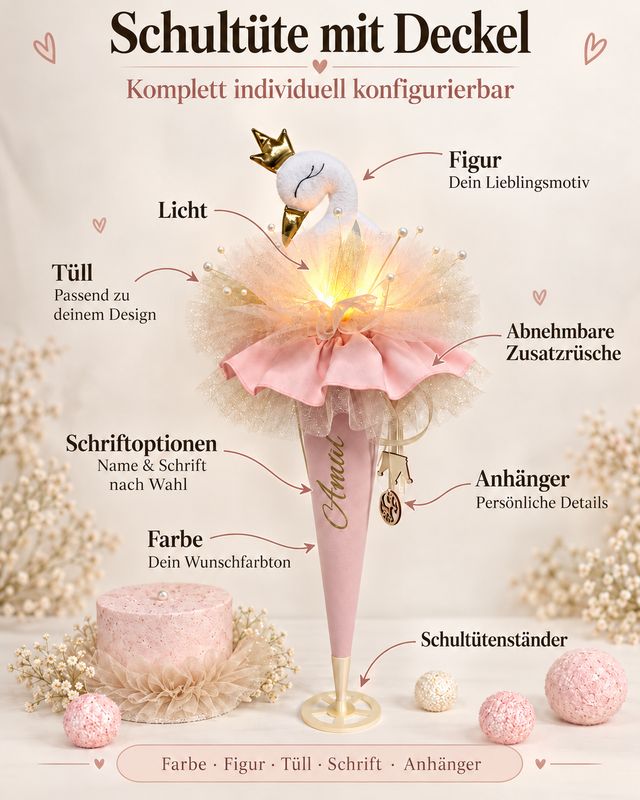 Personalisierte Schultüte aus Stoff für Mädchen mit Deckel - komplett konfigurierbar