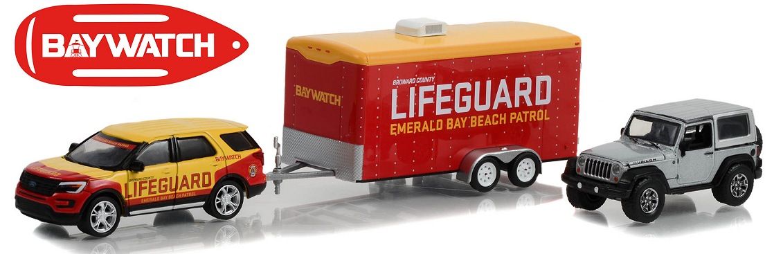 1/64 Emerald Bay Beach Patrol Lifeguard 2016 Ford Explorer with 2013 Jeep Wrangler Rubicon and Enclosed Car Hauler