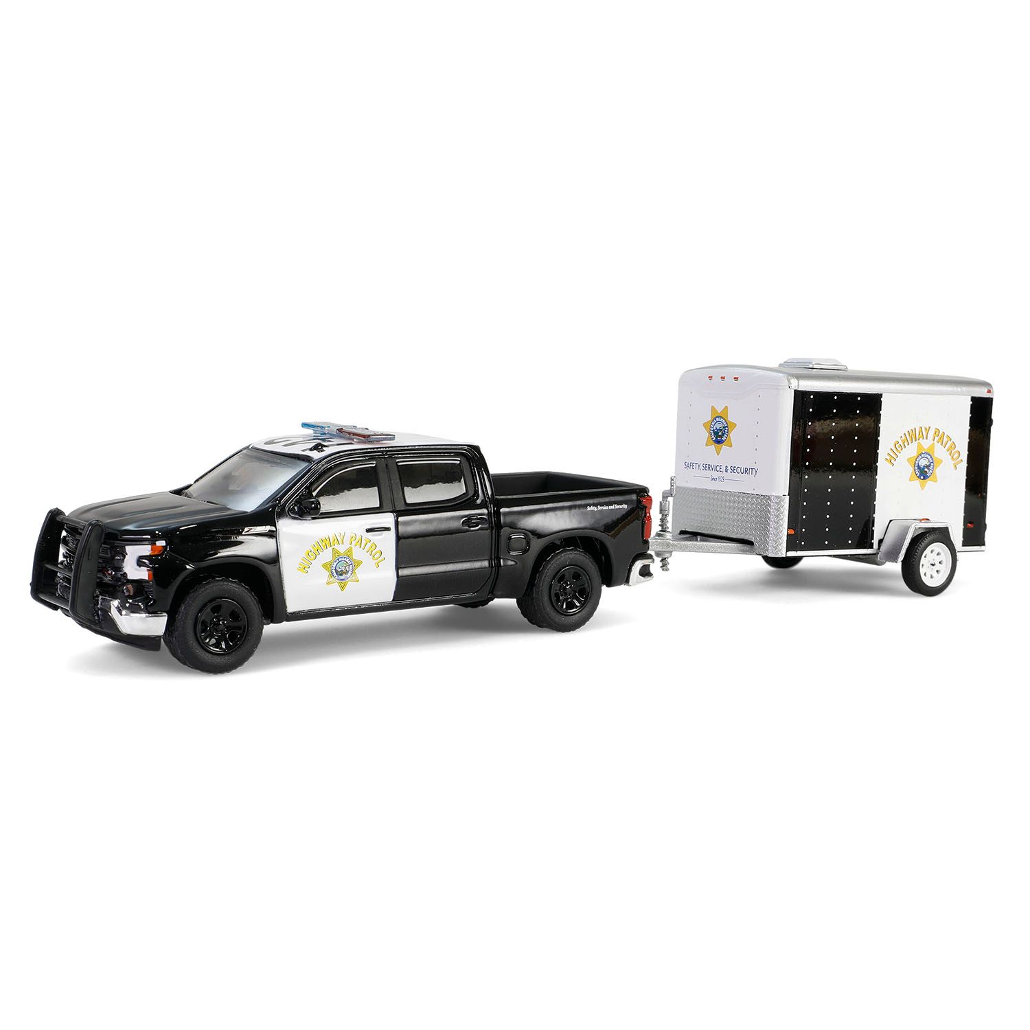 1/64 California Highway Patrol 2023 Chevrolet Silverado with Small Cargo Trailer