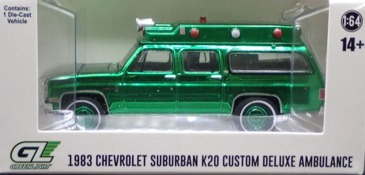 1/64 GREEN MACHINE - 1983 Chevrolet Suburban K20 Custom Deluxe Ambulance - plain white (Chase car - metallic green body)