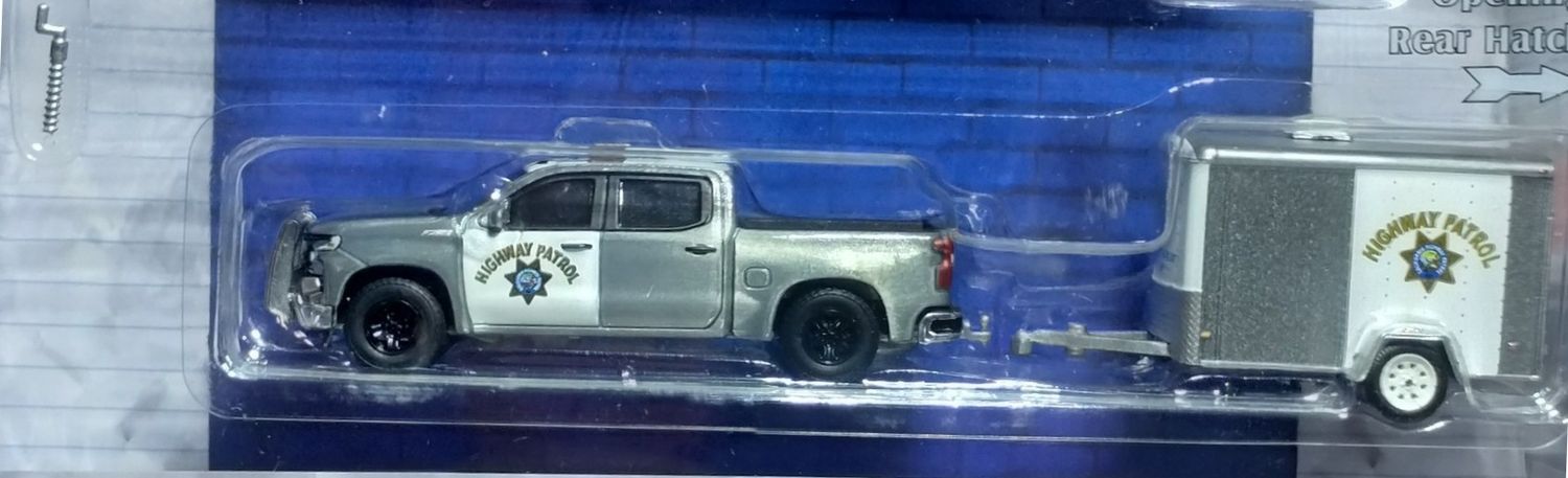 1/64 RAW METAL CHASE - California Highway Patrol 2023 Chevrolet Silverado with Cargo Trailer