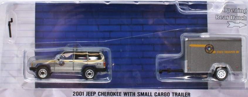 1/64 RAW METAL CHASE - New York State Police 2001 Jeep Cherokee with Cargo Trailer