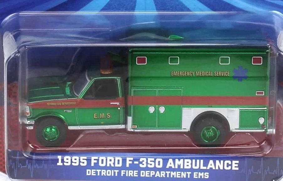 1/64 GREEN CHROME CHASE - Detroit, MI Fire Dept EMS 1995 Ford F-350 Ambulance