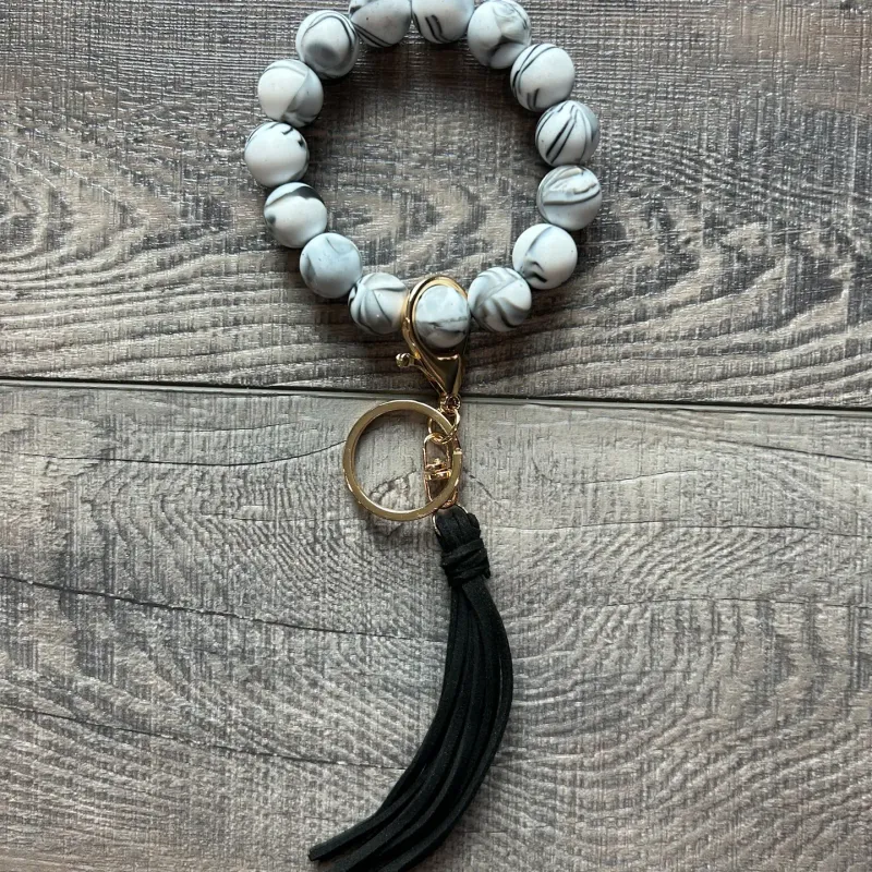 Silicone Beaded Keychain with Tassel - Black White Marble