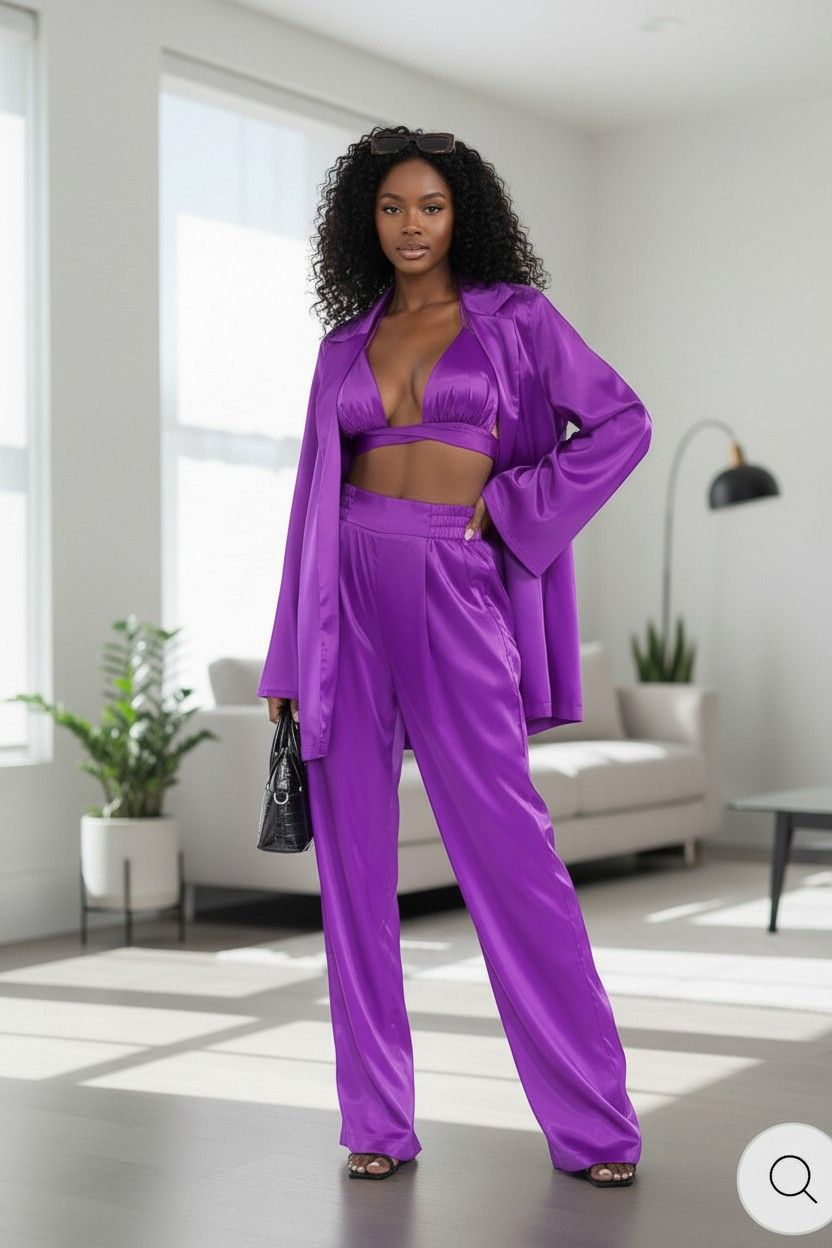 3 Piece Purple Satin Set