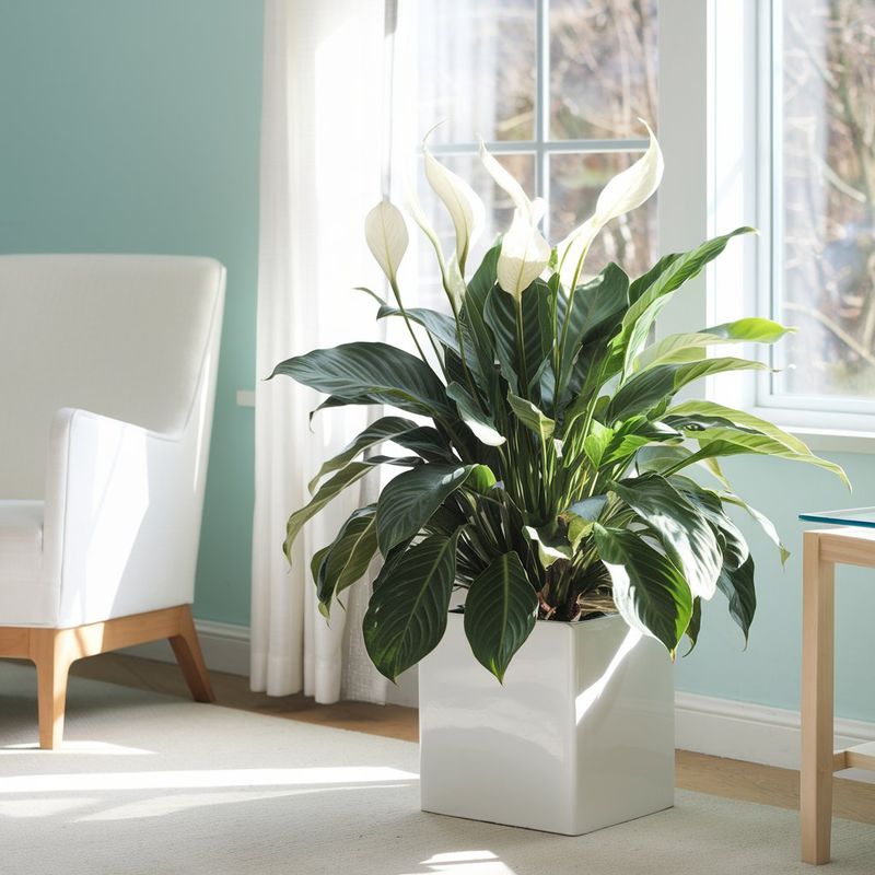 Following the loss of a loved one, this peace lily plant (Spathiphyllum) in a white, square container sits near a sunlit window in a living room painted in aqua blue.  Nearby sits a white chair.