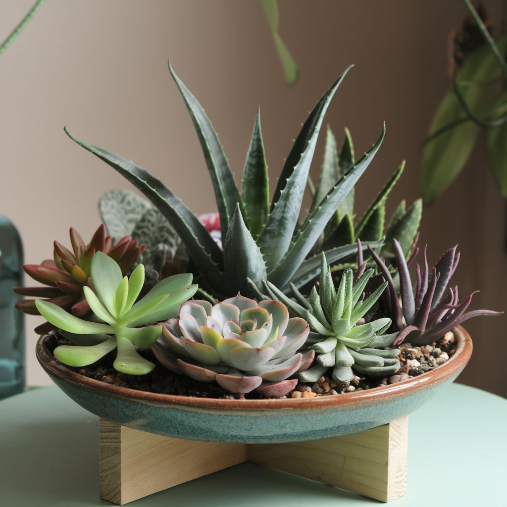 Sophisticated dish garden arrangement containing succulents in a sleek, modern planter, accented with decorative stones
