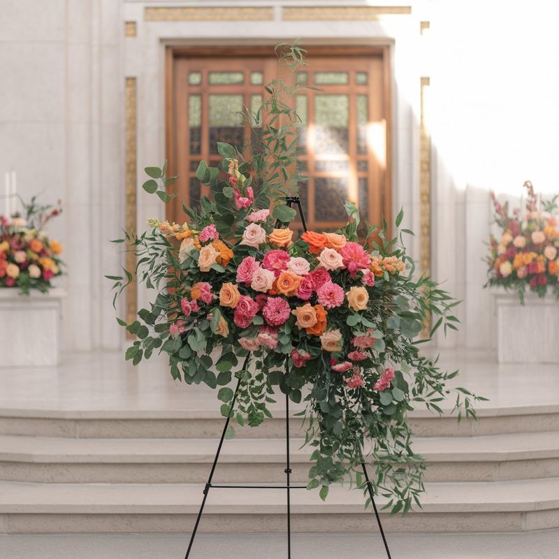 A designer's choice funeral easel spray on display at the front steps of a temple before it is taken inside.  In the distance accompanying sympathy flowers decorate both sides of the temple doors.