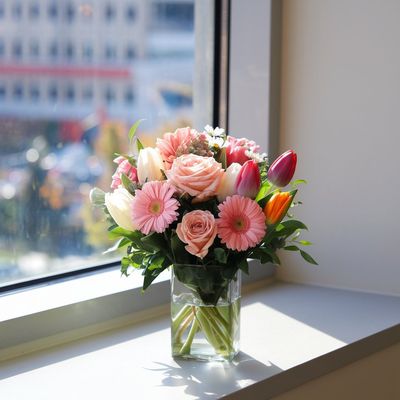 A get-well flower arrangement sits on the ledge of a window in a hospital room.  In the background is a vibrant medical community complex.