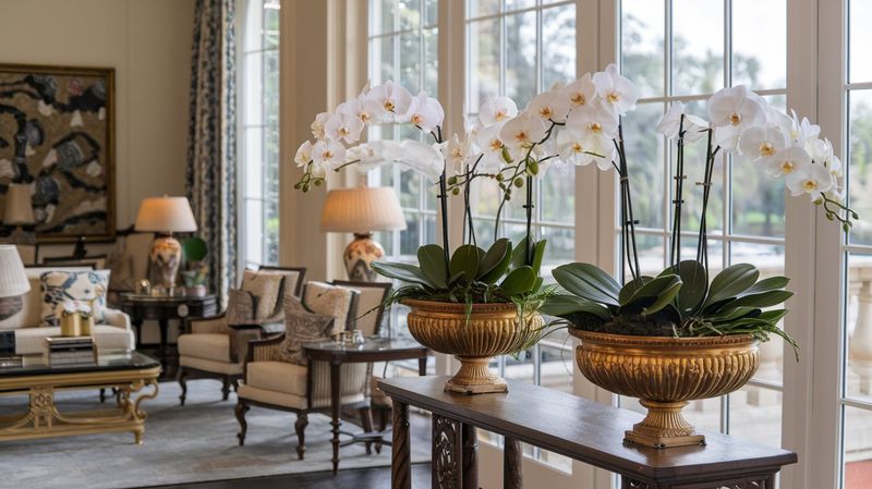 2 custom orchid arrangements each with triple stems are elegantly displayed in expensive brass containers on a glass side table in a modern, urban condo.  In the background, a pair of artisan chairs sits near the same window area.