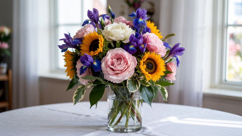 A tall floral arrangement in a glass vase with a thin metallic rim, set against a white dining room background. The bouquet features large golden sunflowers, soft blush peonies, and deep indigo irises, accented with lush greenery like salal leaves. The flowers are arranged for a full, glamorous look, evoking a luxurious suburban garden.