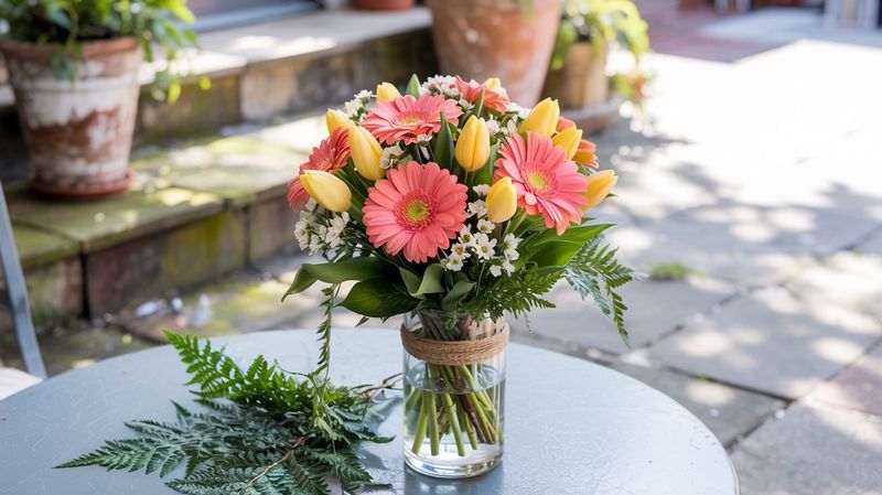 A photograph of a vibrant floral arrangement, called Patio Vibe, centered on a beautiful patio table. The arrangement features a mix of bright coral gerbera daisies and soft yellow tulips, delicately interspersed with airy baby’s breath, all held within a clear glass vase secured with a thin jute band. The vase sits slightly off-center, allowing a glimpse of the clean glass surface beneath it, while a few fronds of fern spill gracefully onto the table. Bright, diffused light, highlighting the cheerful colors of the bouquet and casting a gentle glow throughout the scene.  A great Mother's Day gift!