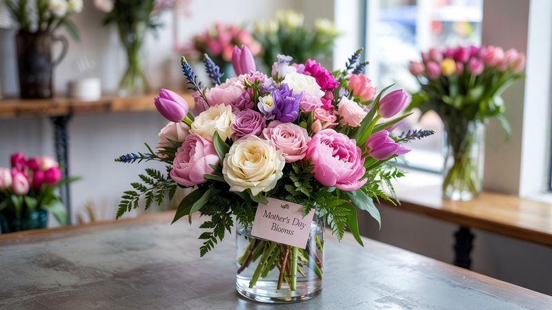 A medium-sized floral arrangement in a sleek, clear glass vase, displayed on a rustic wooden table inside a chic florist shop. The bouquet features a curated mix of Mother’s Day flowers: soft pink peonies, vibrant purple tulips, creamy white roses, and delicate lavender sprigs, accented with lush greenery like eucalyptus and ferns, arranged in a balanced, modern style. The shop interior has a rustic-chic vibe with whitewashed walls, subtle wooden shelving in the background, and soft natural light streaming through a large window,  A tag on the arrangement reads, "Mother's Day Blooms"