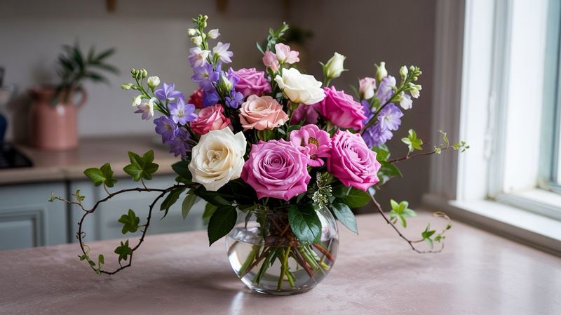 A photograph of a medium-sized floral arrangement, named Sunday Cheer, displayed on a light pink kitchen countertop, perfectly centered within the frame. The bouquet features vibrant magenta roses with velvety petals, creamy gardenias releasing their delicate fragrance, and tall violet delphinium spikes reaching upwards, all accented by soft ivy trailing gracefully. The arrangement sits in a clear glass vase. Gentle, diffused sunlight streams in from a nearby window, illuminating the rich colors and textures of the flowers, creating a serene and elegant atmosphere ideal for "Mother’s Day".