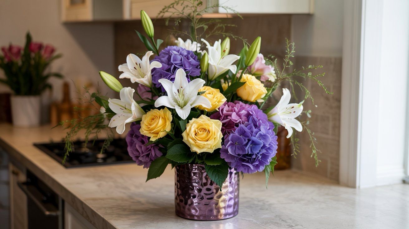 A photograph of a lush floral arrangement, named Meadow Muse, presented in an 8-inch tall, textured metallic purple vase. The bouquet is artfully composed with pristine white lilies, vibrant yellow roses, and voluminous purple hydrangeas accented by wisps of asparagus fern, creating a natural, slightly untamed aesthetic. Positioned on a light yellow kitchen counter, the arrangement is softly illuminated by diffused window light, highlighting the delicate petals and rich colors without harsh shadows. The scene evokes a sense of modern elegance, suggesting a beautiful "Mother’s Day Gift".