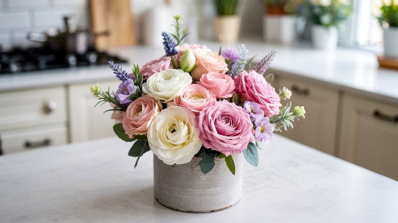 A high-resolution photo of a small floral arrangement, called Lush Love, in a matte white ceramic pot, centered in a clean white kitchen. The bouquet features tufted pink roses, creamy white ranunculus, and sprigs of lavender, with subtle greenery like eucalyptus peeking out. The flowers are tightly clustered for a compact, modern look, evoking a chic suburban terrace. Soft natural light highlights the pastel tones, with no shadows or distractions. The overall vibe is fresh, elegant, and polished, perfect for a Mother’s Day gift.