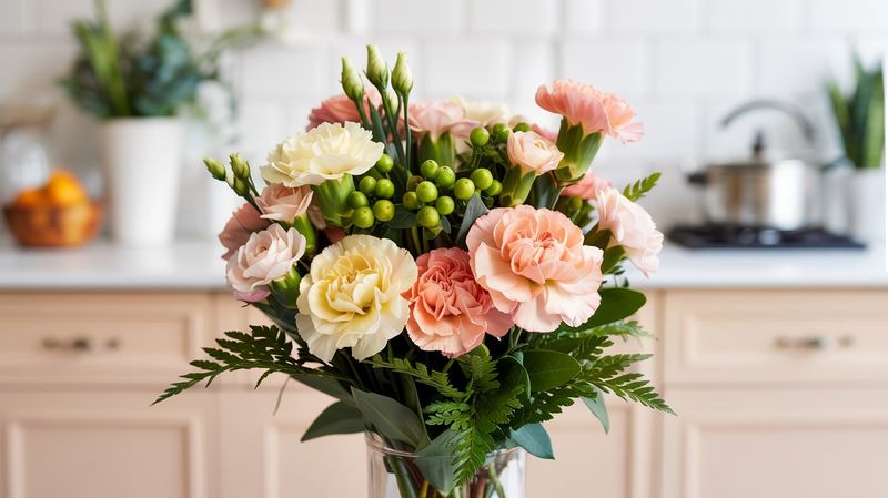 A close-up photo of a small floral arrangement, called Citrus Grove Charm, in a slim, glass vase, set against a light peach kitchen background. The bouquet features soft apricot carnations, creamy lisanthium, and clusters of vibrant green hypericum berries, accented with minimal greenery like delicate fern fronds. The flowers are tightly arranged for a compact, modern look, evoking a chic suburban laneway. Bright, even lighting highlights the warm and neutral tones, with no shadows or distractions. The overall vibe is whimsical, elegant, and approachable, ideal for a Mother’s Day gift.
